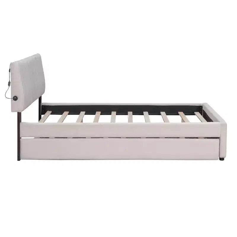 Full/Queen Upholstered Platform Bed with Trundle, Modern Teddy Fleece Bed Frame with LED Light
