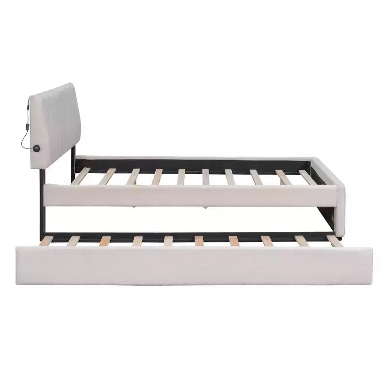 Full/Queen Upholstered Platform Bed with Trundle, Modern Teddy Fleece Bed Frame with LED Light