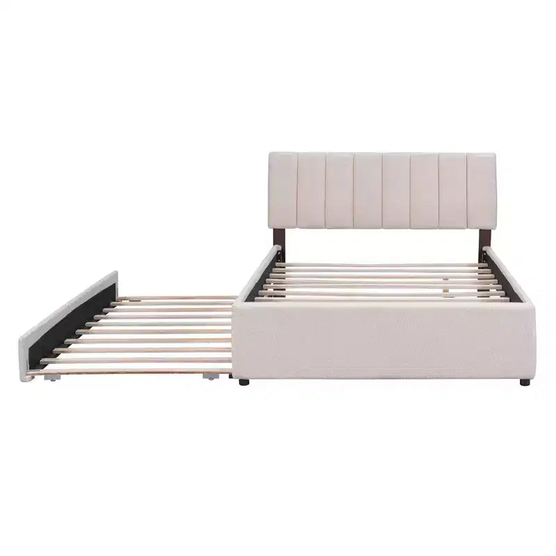 Full/Queen Upholstered Platform Bed with Trundle, Modern Teddy Fleece Bed Frame with LED Light