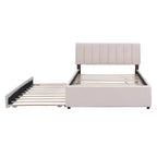 Full/Queen Upholstered Platform Bed with Trundle, Modern Teddy Fleece Bed Frame with LED Light