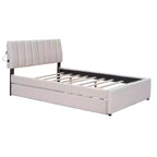 Full/Queen Upholstered Platform Bed with Trundle, Modern Teddy Fleece Bed Frame with LED Light