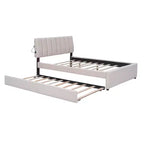 Full/Queen Upholstered Platform Bed with Trundle, Modern Teddy Fleece Bed Frame with LED Light
