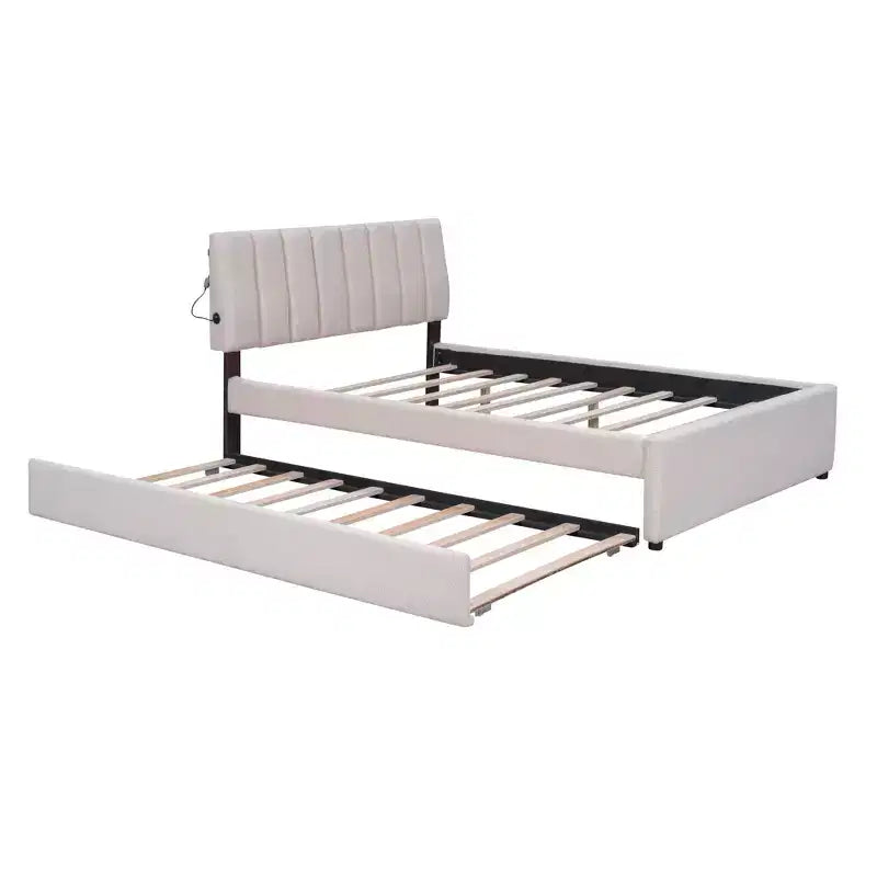 Full/Queen Upholstered Platform Bed with Trundle, Modern Teddy Fleece Bed Frame with LED Light