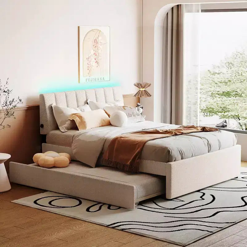 Full/Queen Upholstered Platform Bed with Trundle, Modern Teddy Fleece Bed Frame with LED Light