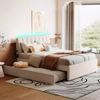 Full/Queen Upholstered Platform Bed with Trundle, Modern Teddy Fleece Bed Frame with LED Light