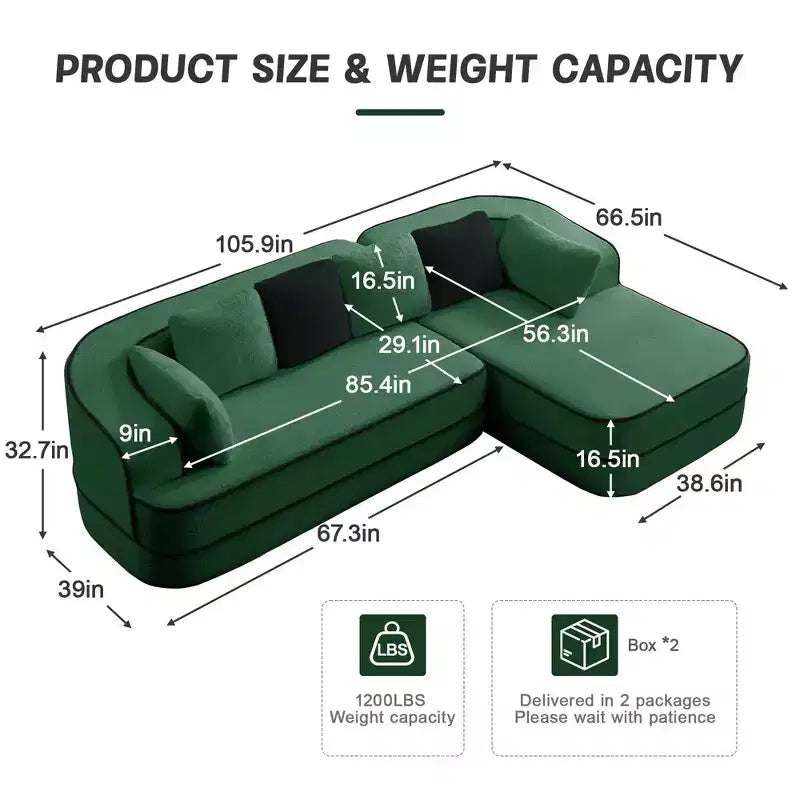 106 Teddy Fabric No Assembly 32D Boneless Sofa,Contrast color design,Fluffy Comfy Couch with L-Shaped Chaise,for Living Room,White
