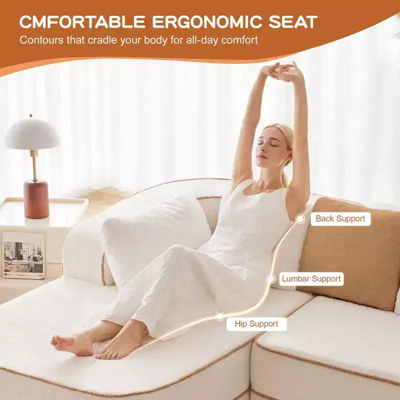 106 Teddy Fabric No Assembly 32D Boneless Sofa,Contrast color design,Fluffy Comfy Couch with L-Shaped Chaise,for Living Room,White