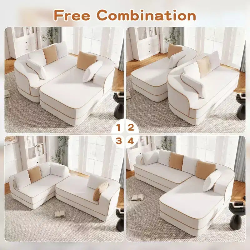 106 Teddy Fabric No Assembly 32D Boneless Sofa,Contrast color design,Fluffy Comfy Couch with L-Shaped Chaise,for Living Room,White