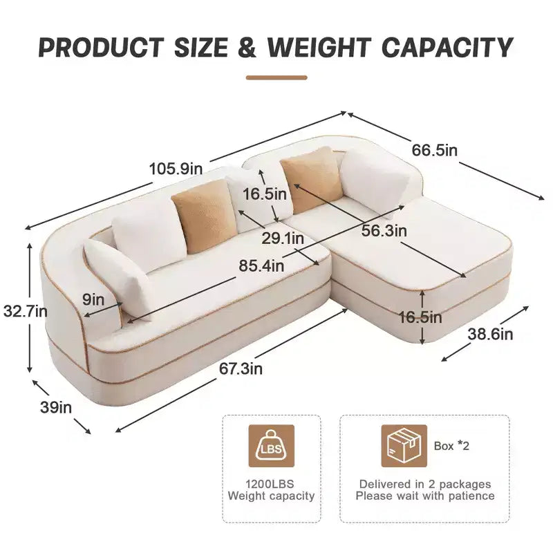 106 Teddy Fabric No Assembly 32D Boneless Sofa,Contrast color design,Fluffy Comfy Couch with L-Shaped Chaise,for Living Room,White