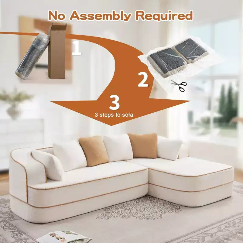 106 Teddy Fabric No Assembly 32D Boneless Sofa,Contrast color design,Fluffy Comfy Couch with L-Shaped Chaise,for Living Room,White