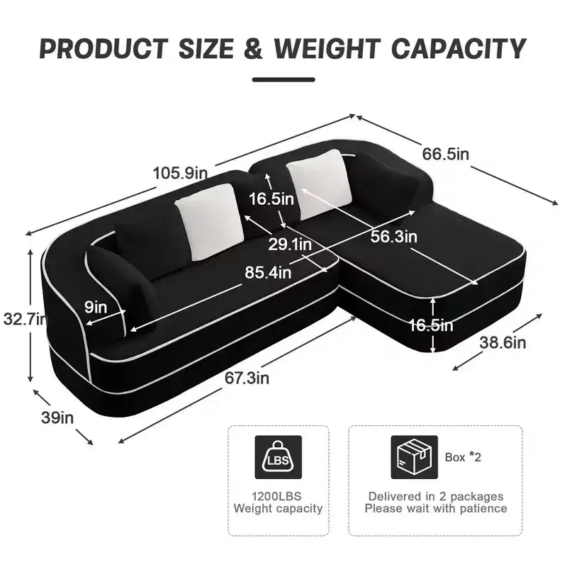 106 Teddy Fabric No Assembly 32D Boneless Sofa,Contrast color design,Fluffy Comfy Couch with L-Shaped Chaise,for Living Room,White
