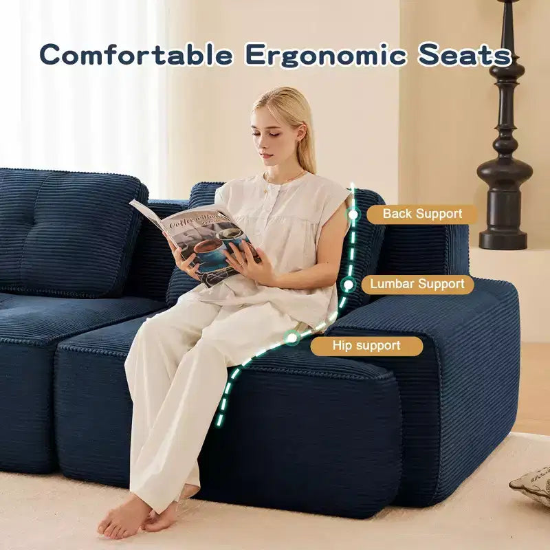Canapé modulable moderne en forme de L 117 places pour salon, tissu en velours côtelé, canapé 3 places avec assise profonde et pouf mobile, couleur camel
