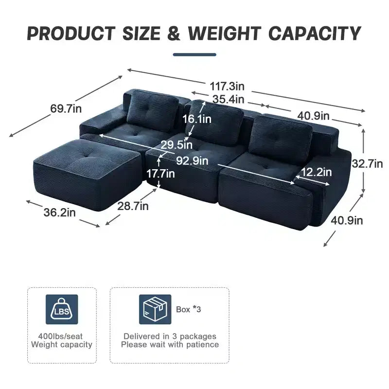 Canapé modulable moderne en forme de L 117 places pour salon, tissu en velours côtelé, canapé 3 places avec assise profonde et pouf mobile, couleur camel