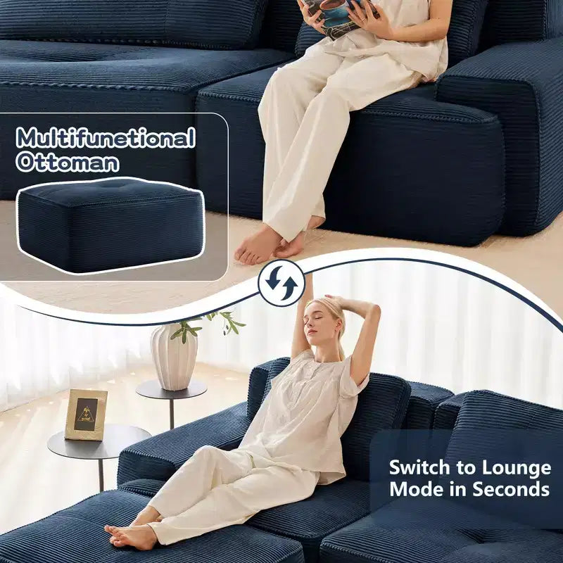 Canapé modulable moderne en forme de L 117 places pour salon, tissu en velours côtelé, canapé 3 places avec assise profonde et pouf mobile, couleur camel