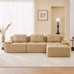 Canapé modulable moderne en forme de L 117 places pour salon, tissu en velours côtelé, canapé 3 places avec assise profonde et pouf mobile, couleur camel