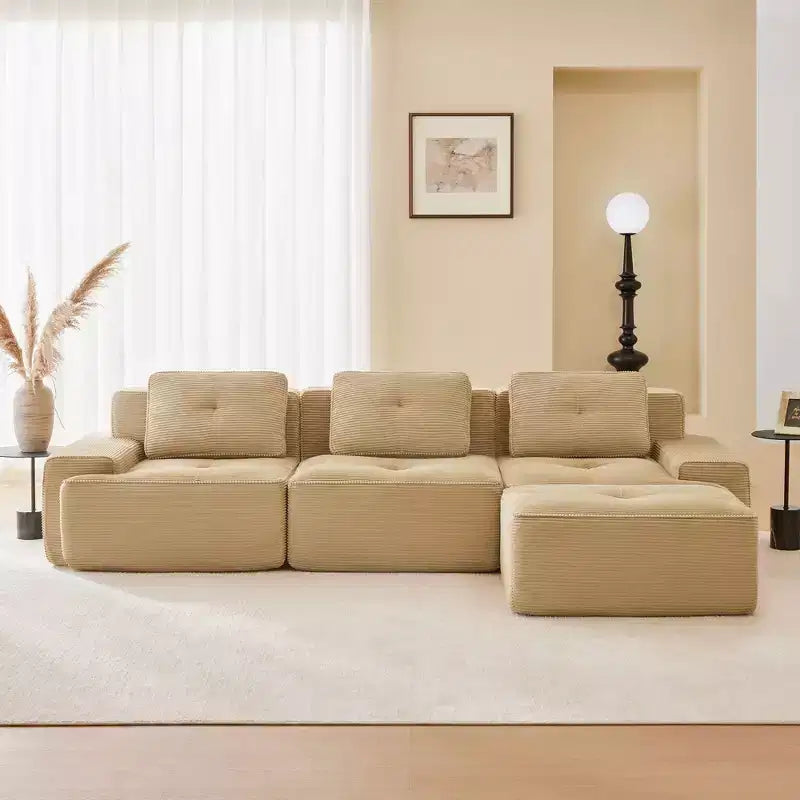Canapé modulable moderne en forme de L 117 places pour salon, tissu en velours côtelé, canapé 3 places avec assise profonde et pouf mobile, couleur camel