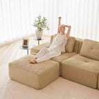 Canapé modulable moderne en forme de L 117 places pour salon, tissu en velours côtelé, canapé 3 places avec assise profonde et pouf mobile, couleur camel