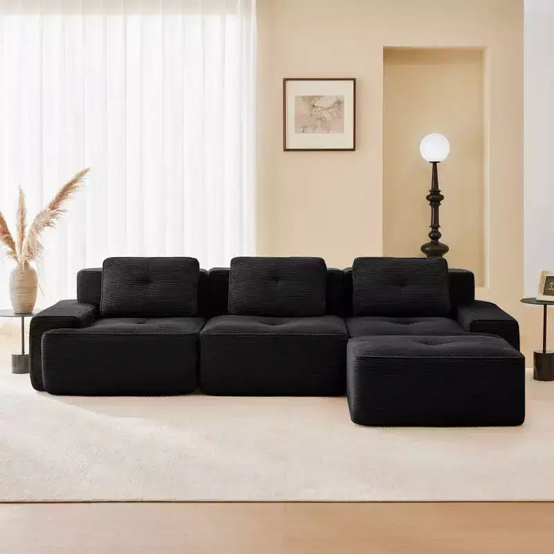 Canapé modulable moderne en forme de L 117 places pour salon, tissu en velours côtelé, canapé 3 places avec assise profonde et pouf mobile, couleur camel