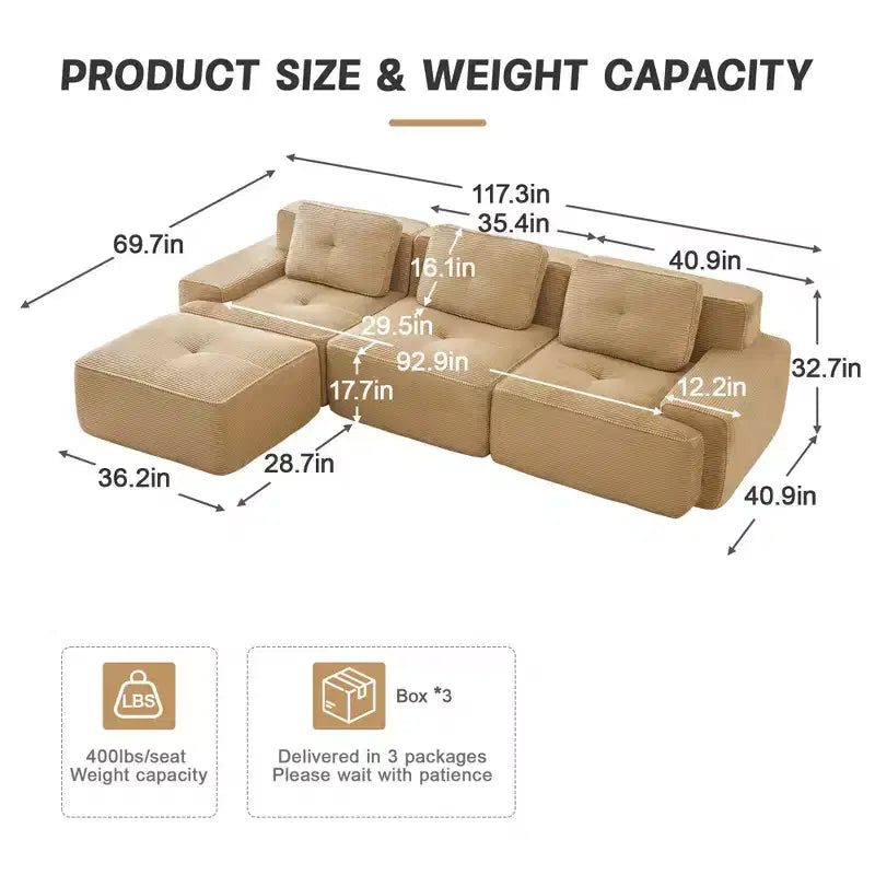 Canapé modulable moderne en forme de L 117 places pour salon, tissu en velours côtelé, canapé 3 places avec assise profonde et pouf mobile, couleur camel