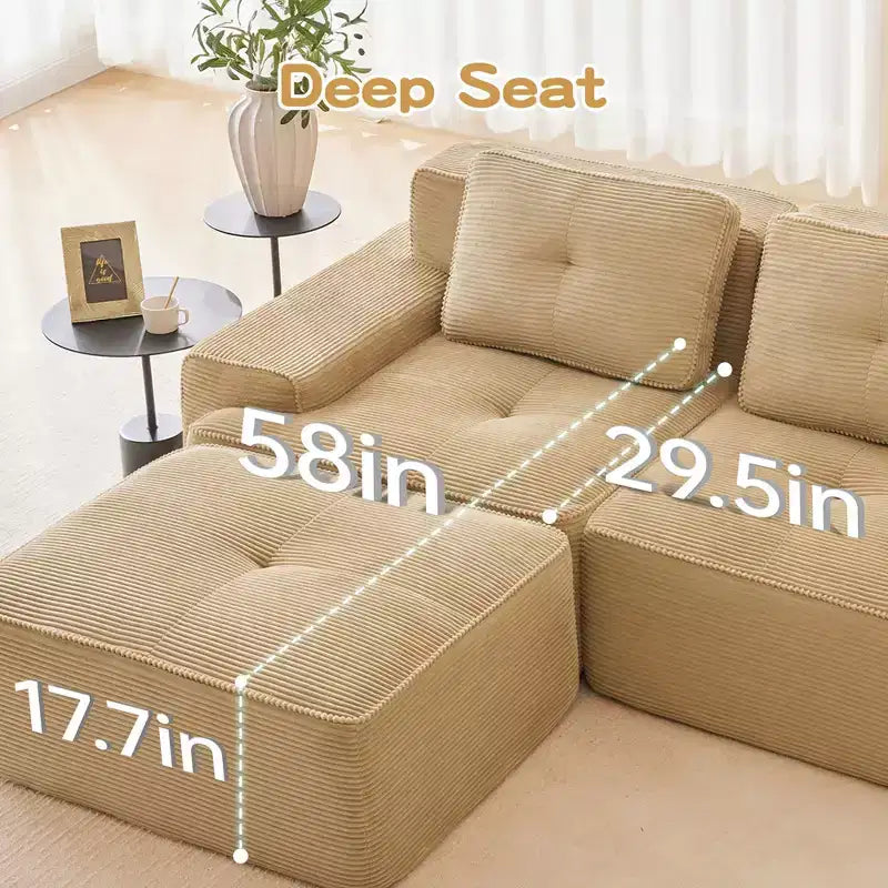 Canapé modulable moderne en forme de L 117 places pour salon, tissu en velours côtelé, canapé 3 places avec assise profonde et pouf mobile, couleur camel