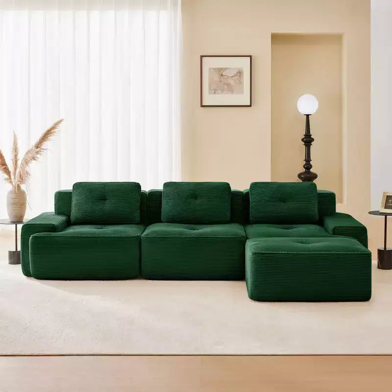 Canapé modulable moderne en forme de L 117 places pour salon, tissu en velours côtelé, canapé 3 places avec assise profonde et pouf mobile, couleur camel