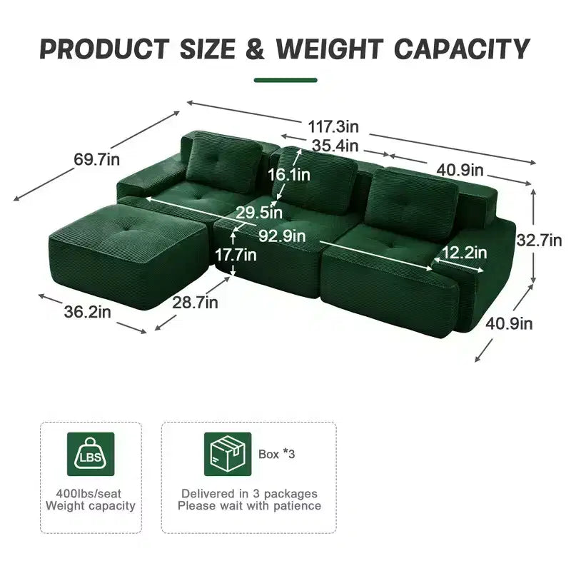 Canapé modulable moderne en forme de L 117 places pour salon, tissu en velours côtelé, canapé 3 places avec assise profonde et pouf mobile, couleur camel