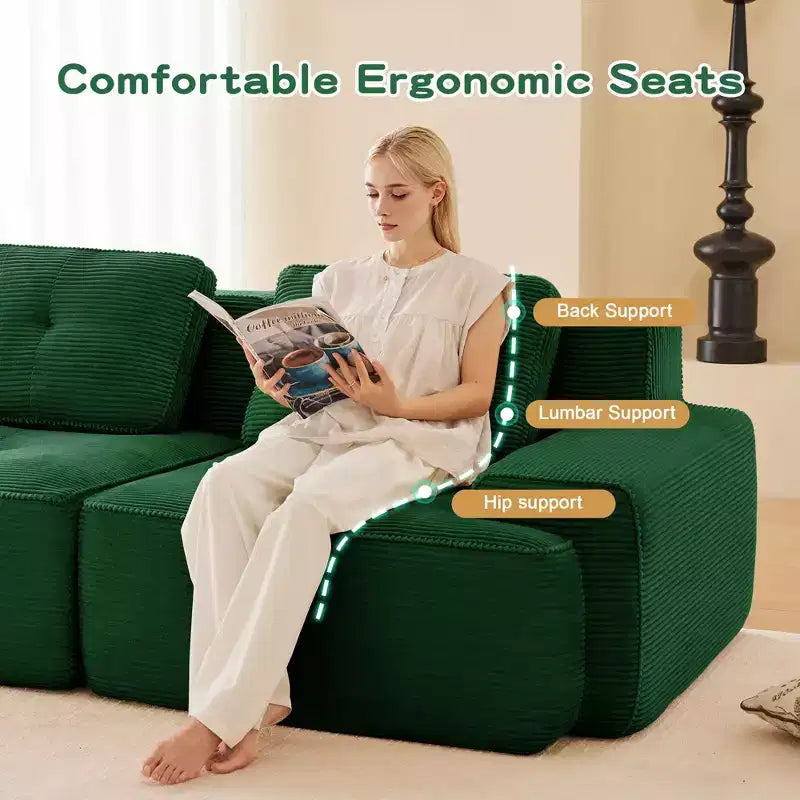 Canapé modulable moderne en forme de L 117 places pour salon, tissu en velours côtelé, canapé 3 places avec assise profonde et pouf mobile, couleur camel