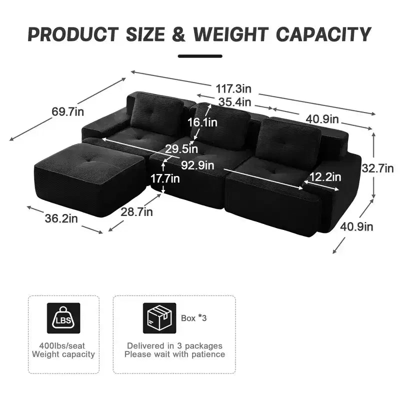Canapé modulable moderne en forme de L 117 places pour salon, tissu en velours côtelé, canapé 3 places avec assise profonde et pouf mobile, couleur camel