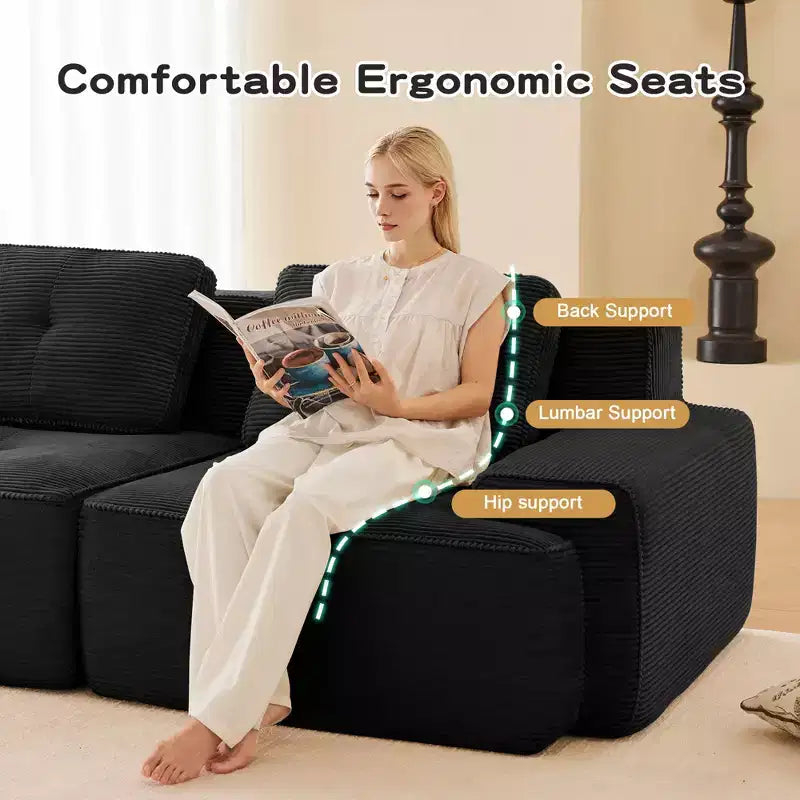 Canapé modulable moderne en forme de L 117 places pour salon, tissu en velours côtelé, canapé 3 places avec assise profonde et pouf mobile, couleur camel