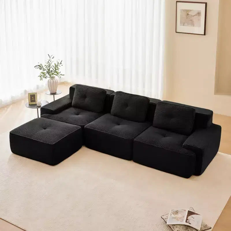 Canapé modulable moderne en forme de L 117 places pour salon, tissu en velours côtelé, canapé 3 places avec assise profonde et pouf mobile, couleur camel