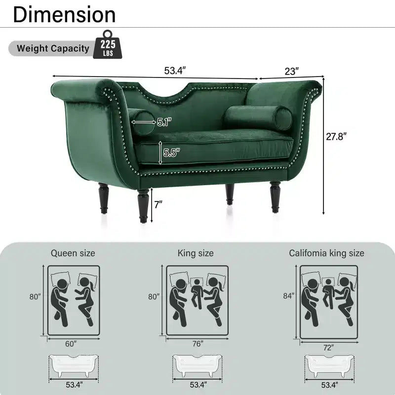 Christopher Knight Home Baird Velvet Bench with Nailhead Trim and Curved Arms, 2 Pillows and Wood Legs