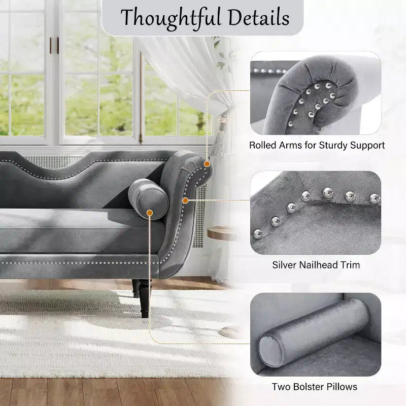 Christopher Knight Home Baird Velvet Bench with Nailhead Trim and Curved Arms, 2 Pillows and Wood Legs
