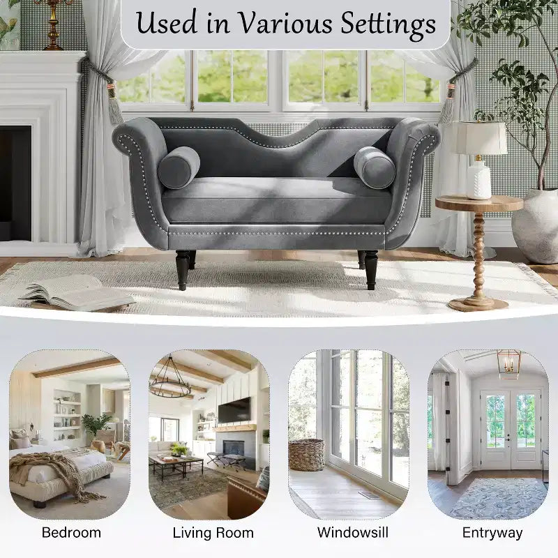 Christopher Knight Home Baird Velvet Bench with Nailhead Trim and Curved Arms, 2 Pillows and Wood Legs