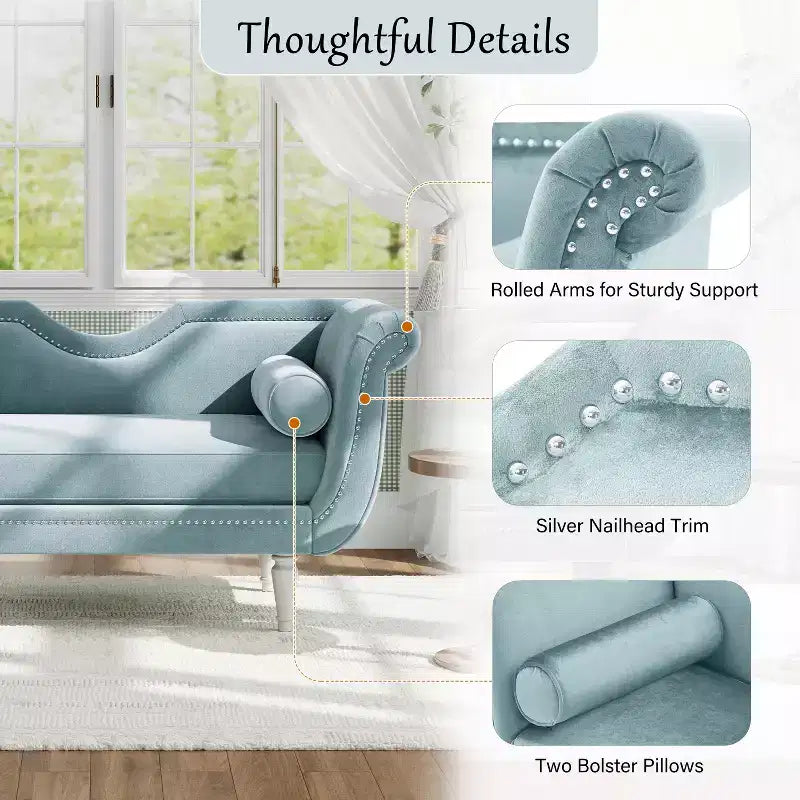 Christopher Knight Home Baird Velvet Bench with Nailhead Trim and Curved Arms, 2 Pillows and Wood Legs