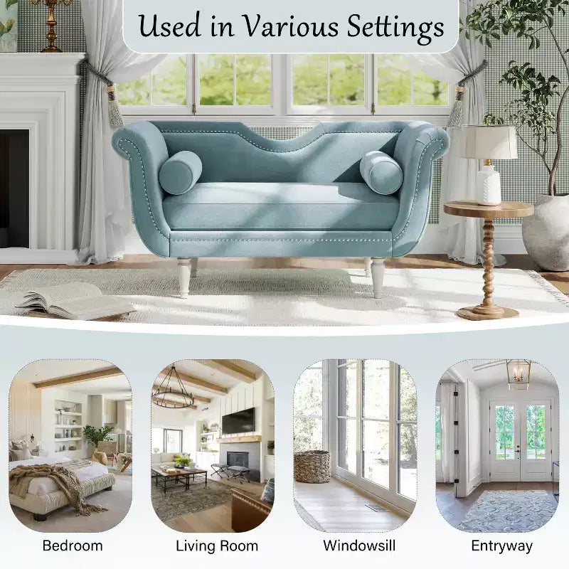 Christopher Knight Home Baird Velvet Bench with Nailhead Trim and Curved Arms, 2 Pillows and Wood Legs
