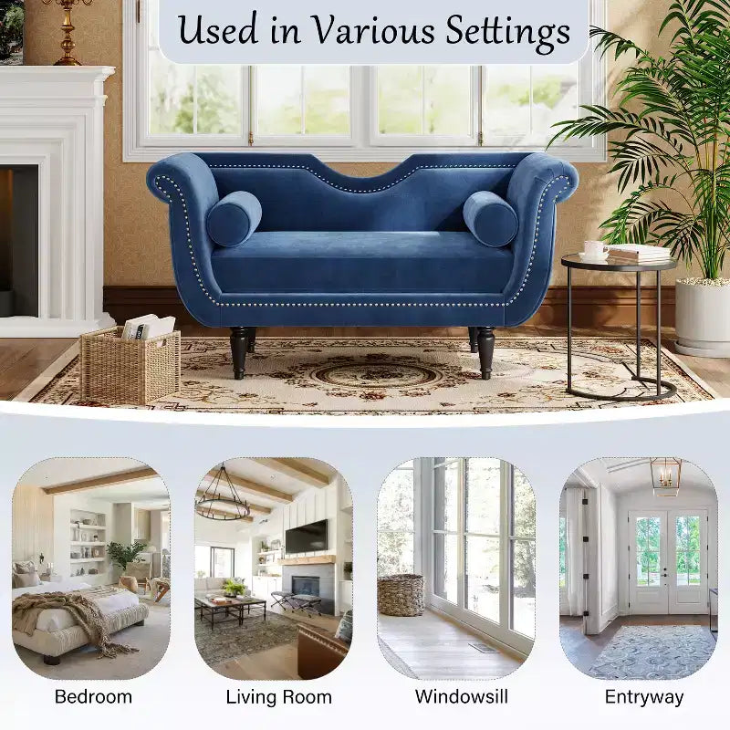 Christopher Knight Home Baird Velvet Bench with Nailhead Trim and Curved Arms, 2 Pillows and Wood Legs