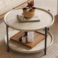 Round Boho Wood Coffee Table, 29.3in Farmhouse Natural Circle Wooden 2-Tier Coffee Tables Living Room Furniture, 29.3 D x 17.7 H