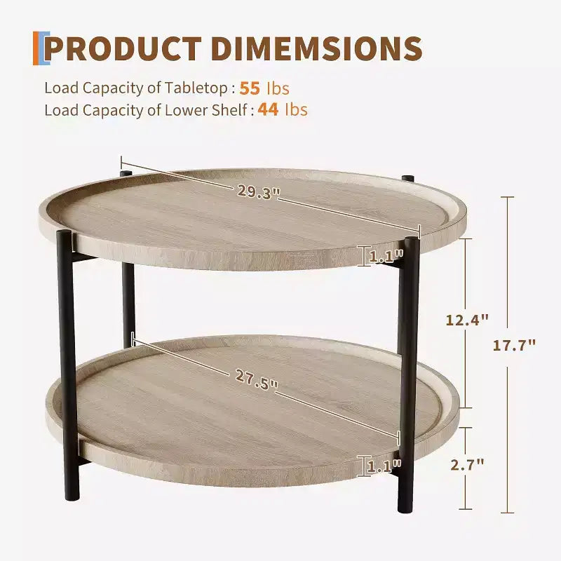 Round Boho Wood Coffee Table, 29.3in Farmhouse Natural Circle Wooden 2-Tier Coffee Tables Living Room Furniture, 29.3 D x 17.7 H