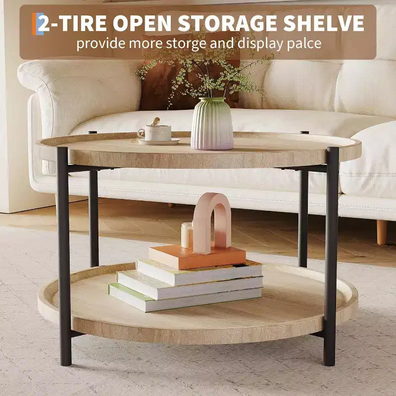 Round Boho Wood Coffee Table, 29.3in Farmhouse Natural Circle Wooden 2-Tier Coffee Tables Living Room Furniture, 29.3 D x 17.7 H