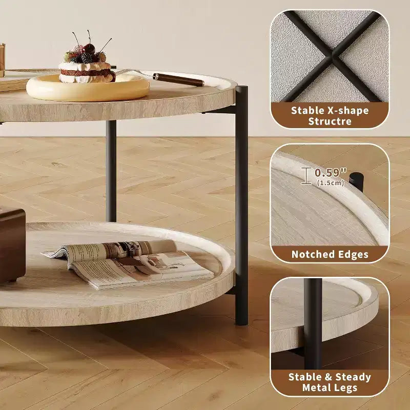 Round Boho Wood Coffee Table, 29.3in Farmhouse Natural Circle Wooden 2-Tier Coffee Tables Living Room Furniture, 29.3 D x 17.7 H