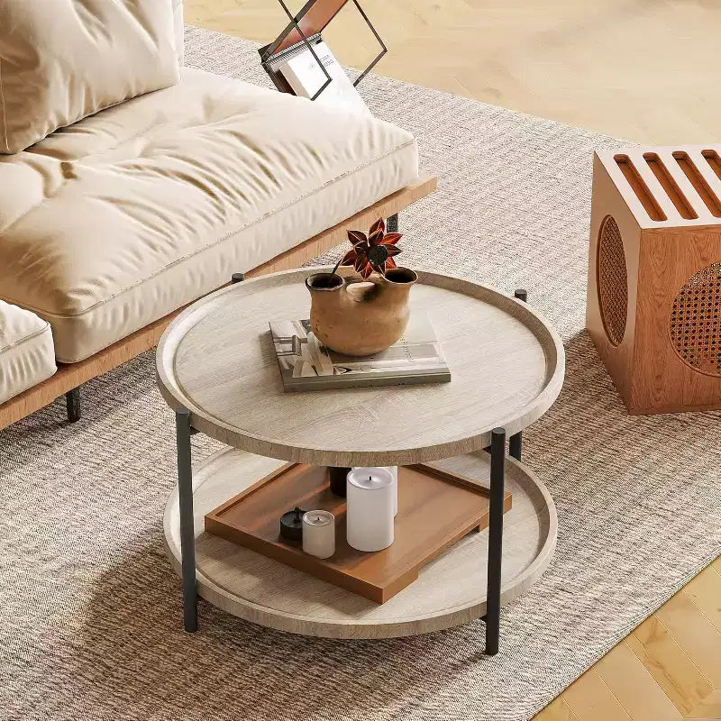 Round Boho Wood Coffee Table, 29.3in Farmhouse Natural Circle Wooden 2-Tier Coffee Tables Living Room Furniture, 29.3 D x 17.7 H