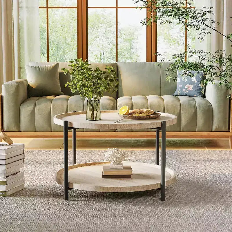 Round Boho Wood Coffee Table, 29.3in Farmhouse Natural Circle Wooden 2-Tier Coffee Tables Living Room Furniture, 29.3 D x 17.7 H