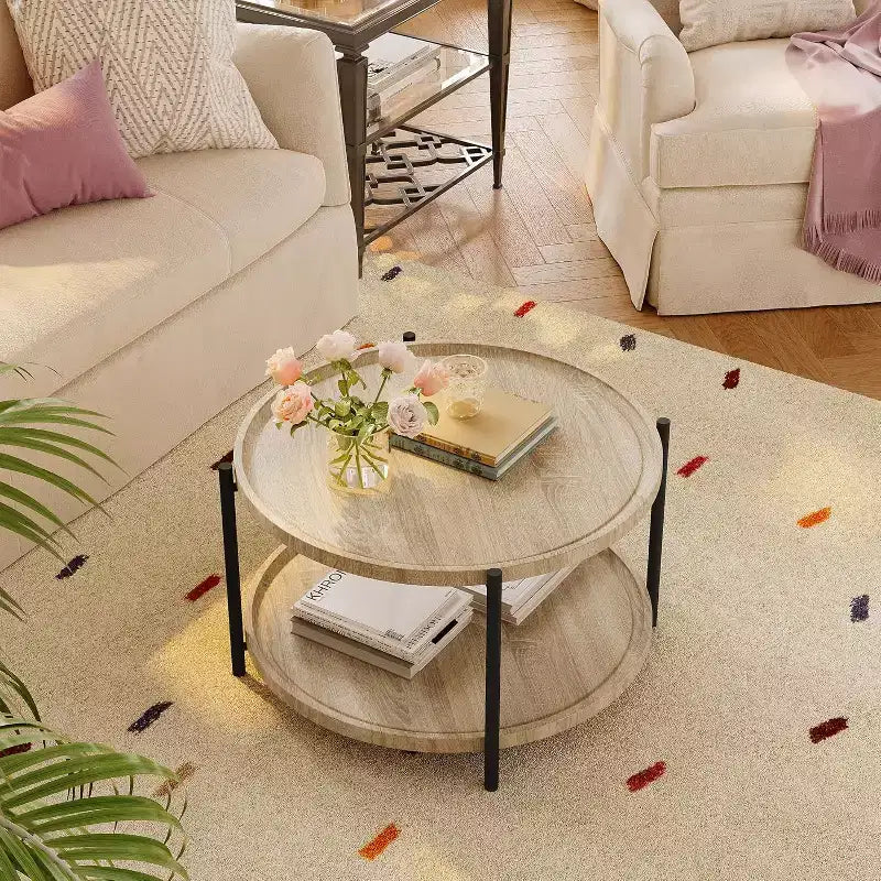 Round Boho Wood Coffee Table, 29.3in Farmhouse Natural Circle Wooden 2-Tier Coffee Tables Living Room Furniture, 29.3 D x 17.7 H
