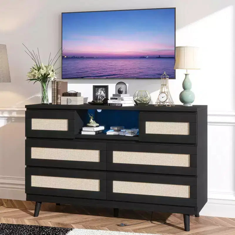 Natural Wood Durable Dressers,Rattan Dresser with 6 Drawers,TV Stand, 6 Chests of Drawers,Storage Cabinet for Nursery, Entryway, Bedroom,Hallway