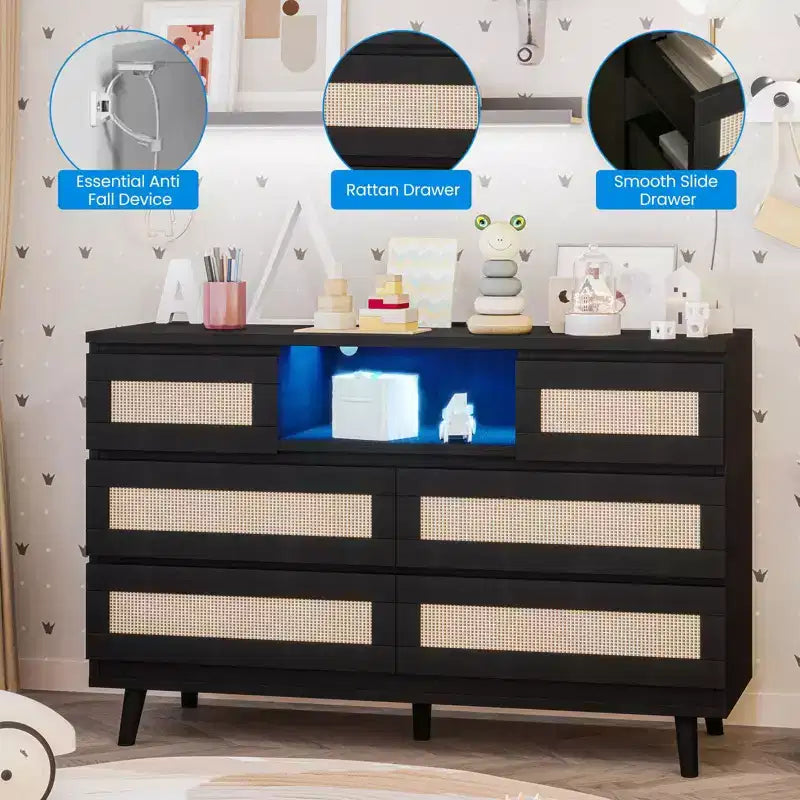 Commode Durable en Bois Naturel, Commode en Rotin avec 6 Tiroirs, Meuble TV, 6 Commodes, Armoire de Rangement pour Chambre de Bébé, Entrée, Chambre à Coucher, Couloir