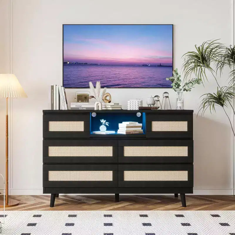 Commode Durable en Bois Naturel, Commode en Rotin avec 6 Tiroirs, Meuble TV, 6 Commodes, Armoire de Rangement pour Chambre de Bébé, Entrée, Chambre à Coucher, Couloir