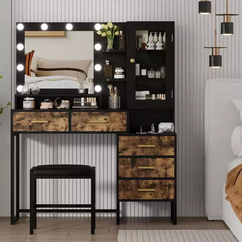 A dressing table set with a cushioned stool and charging station, mirror and light, jewelry storage, 5 drawers and shelves, in a country style.