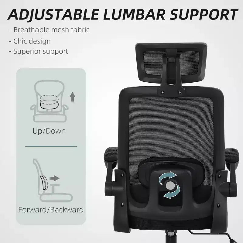 Chaise de bureau en maille, chaise de bureau ergonomique avec accoudoir relevable, appui-tête rotatif, support lombaire réglable