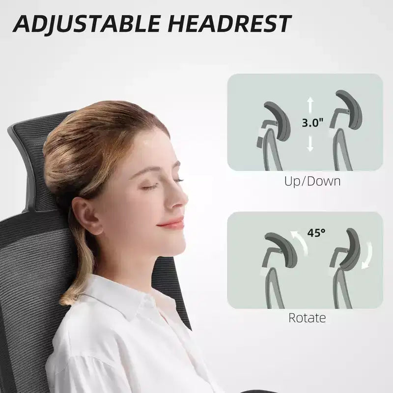 Chaise de bureau en maille, chaise de bureau ergonomique avec accoudoir relevable, appui-tête rotatif, support lombaire réglable