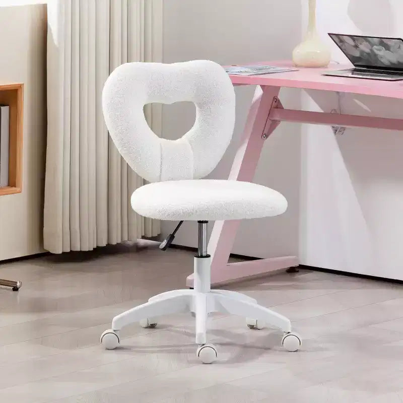 Armless Computer Desk Chair, Office Task Chair, Teddy Fleece Heart Makeup Vanity Chair with Swivel Wheels